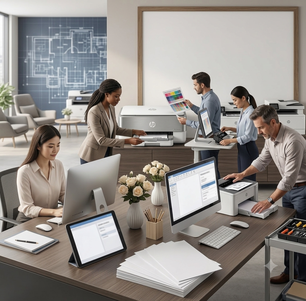 Team working with HP printers in a modern office